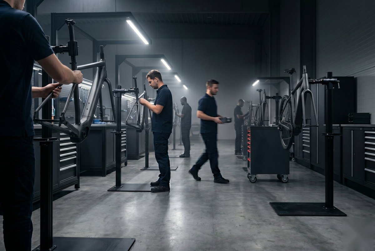 Übersichtsaufnahme der E-MTB-Erstmontage-Linie: mehrere Mechaniker an Werkstationen mit anthrazitfarbenen Reparaturständern