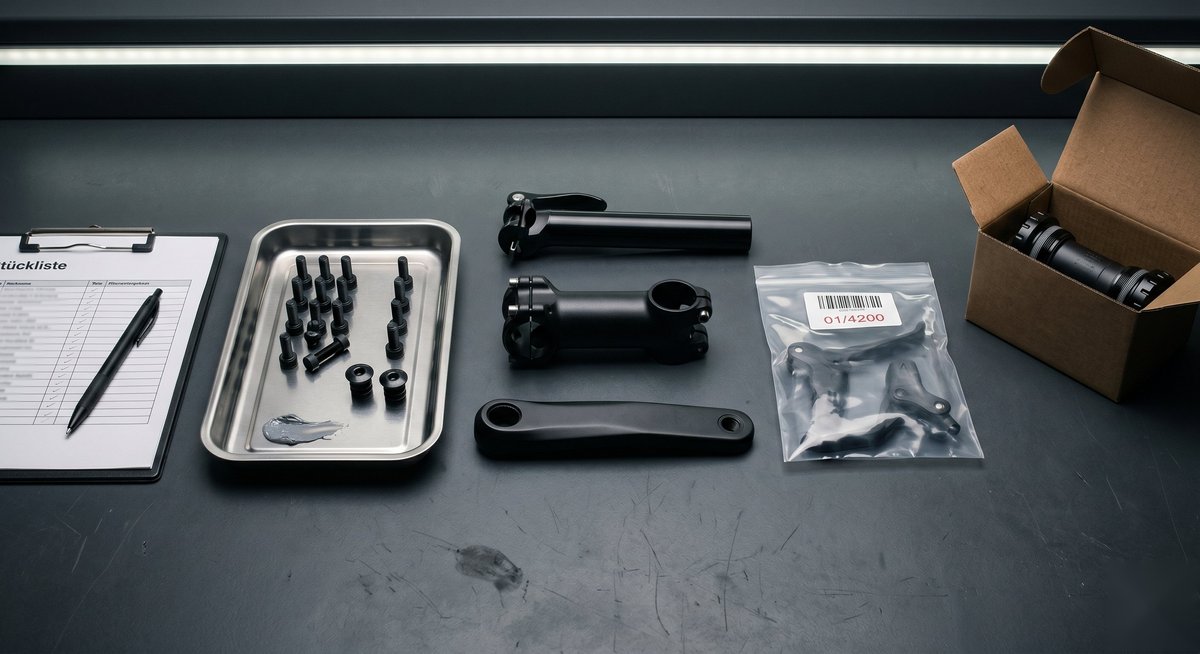 Stillleben einer Erstmontage-Bereitstellung: Stückliste, Edelstahl-Tray mit Bolts, E-MTB-Komponenten und Verpackung auf dunkler Werkbank