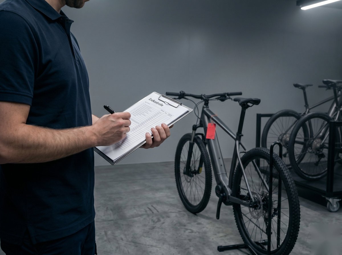 Mechaniker mit Endkontroll-Prüfprotokoll vor einem versandfertigen E-MTB mit rotem QC-Tag am Rahmen