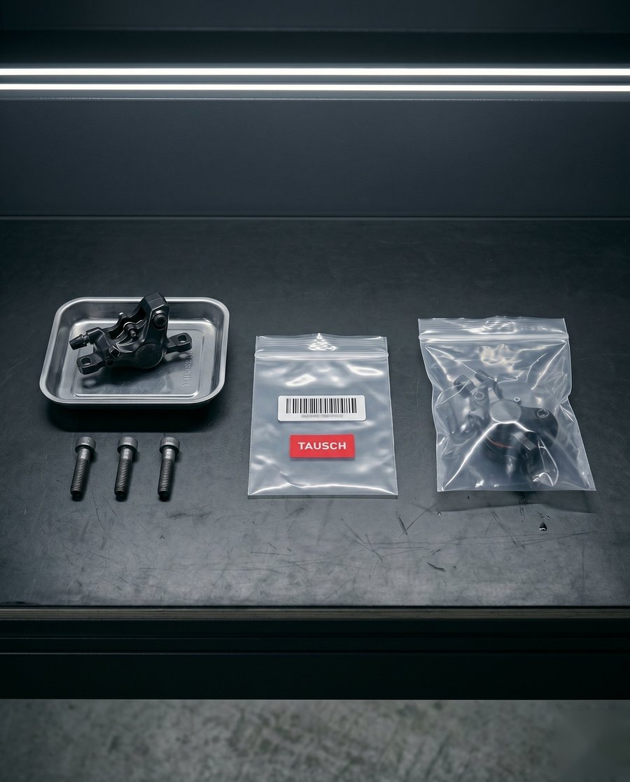 Stillleben einer Rückruf-Komponentenmontage: ausgebaute Bremszange in Edelstahl-Tray, drei Bolts, Beutel mit TAUSCH-Marker und Ersatzkomponente