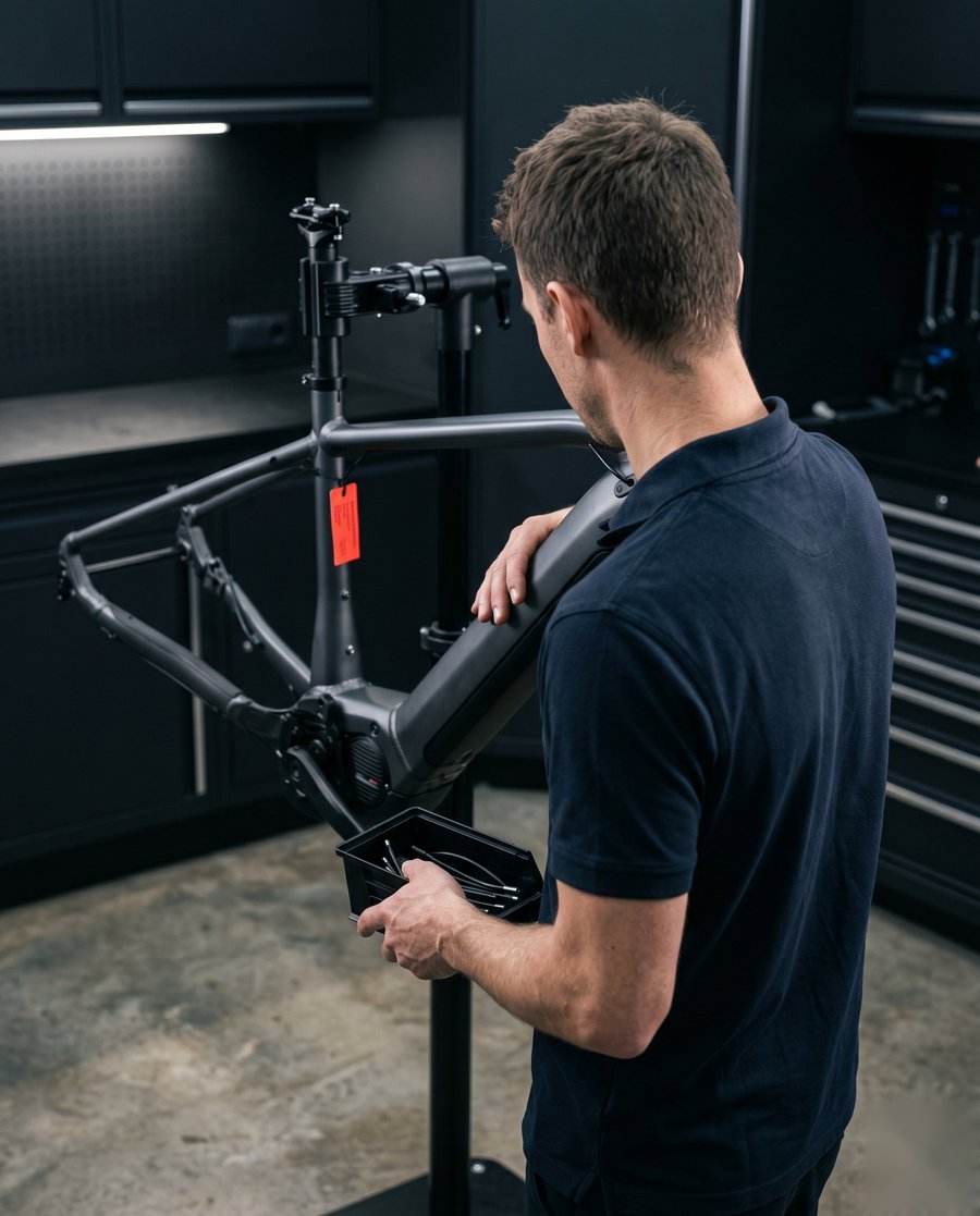 Mechaniker prüft Komponenten an einem E-MTB-Rahmen vor der Erstmontage, Detailaufnahme im Profil