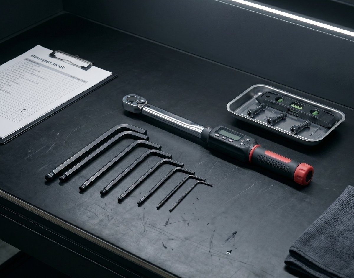 Stillleben Werkbank: Drehmomentschlüssel, sortiertes Inbusschlüssel-Set, Edelstahl-Tray mit Wasserwaage und Bolts, Montageprotokoll-Klemmbrett